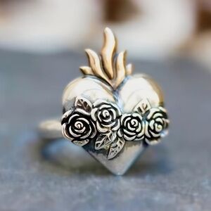 Silver Heart Ring with Rose Motif